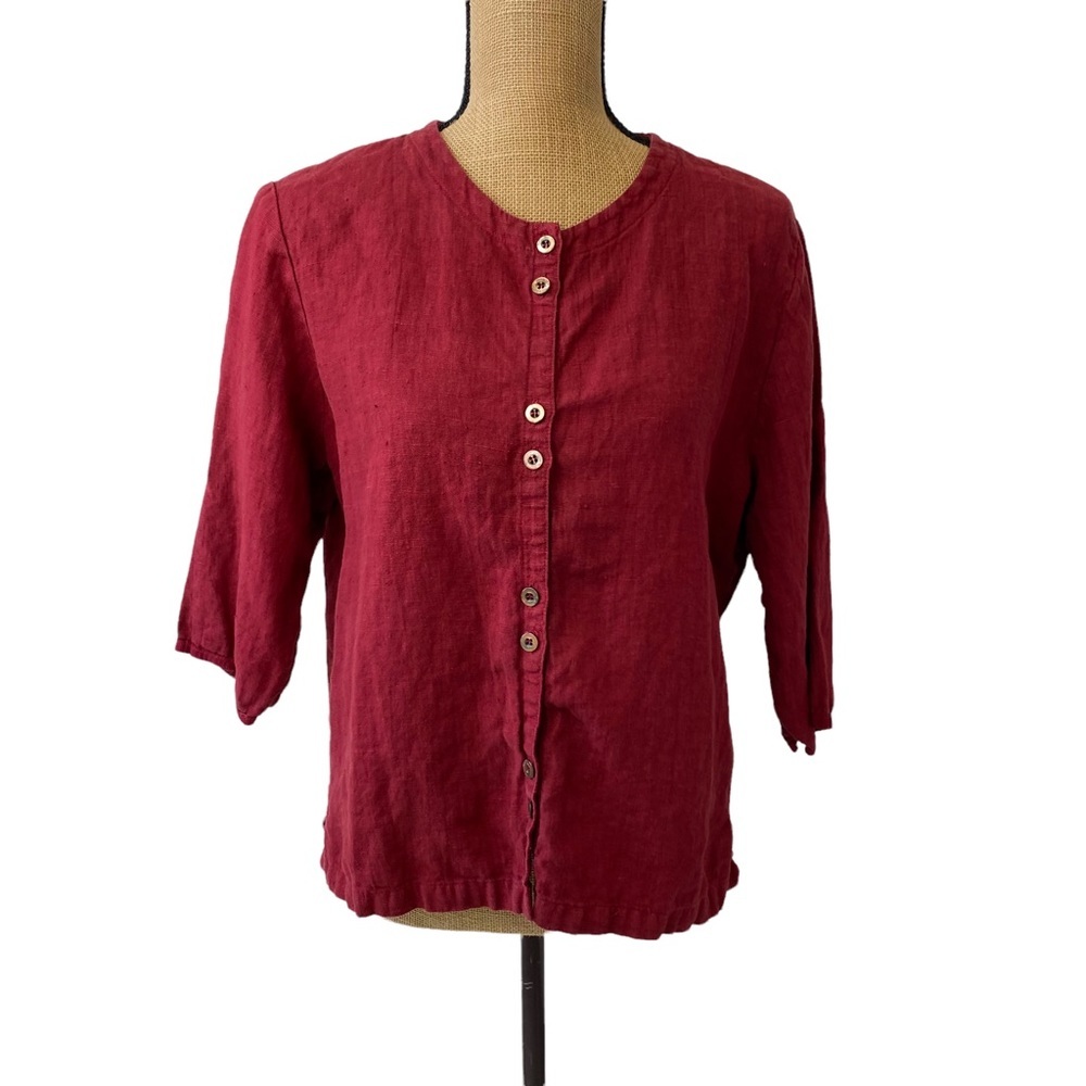 VTG Mishi Women’s 3/4 Sleeve Top Blouse Button Up Shirt Size L 100% Linen Red.
